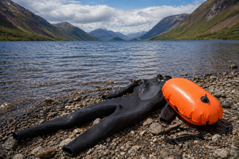 Open water swimming wetsuit and tow float on the shore of a Scottish loch in Stirlingshire
