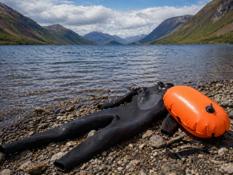 A black wetsuit and an orange tow float on a rocky shore by a lake, with mountains in the background.