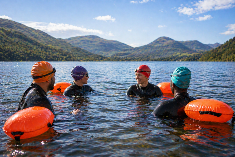 Small group open water swimming session on a Scottish loch in Stirlingshire