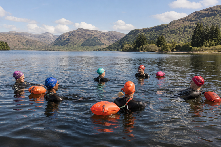 Group of swimmers in wetsuits and colourful caps floating in a lake surrounded by mountains.