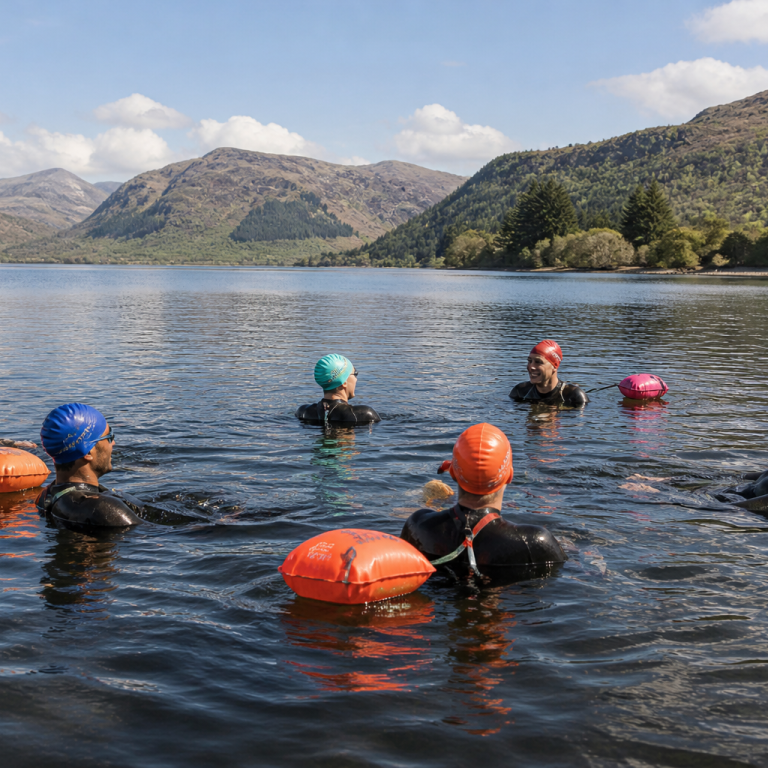 Open water swimmers taking part in a relaxed wild swim session on a Scottish loch in Stirlingshire